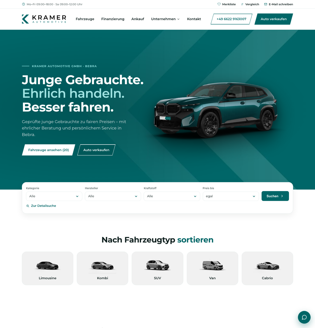 Kramer-Automotive-Website: Hero mit Fahrzeugsuche und Fahrzeugtyp-Karten